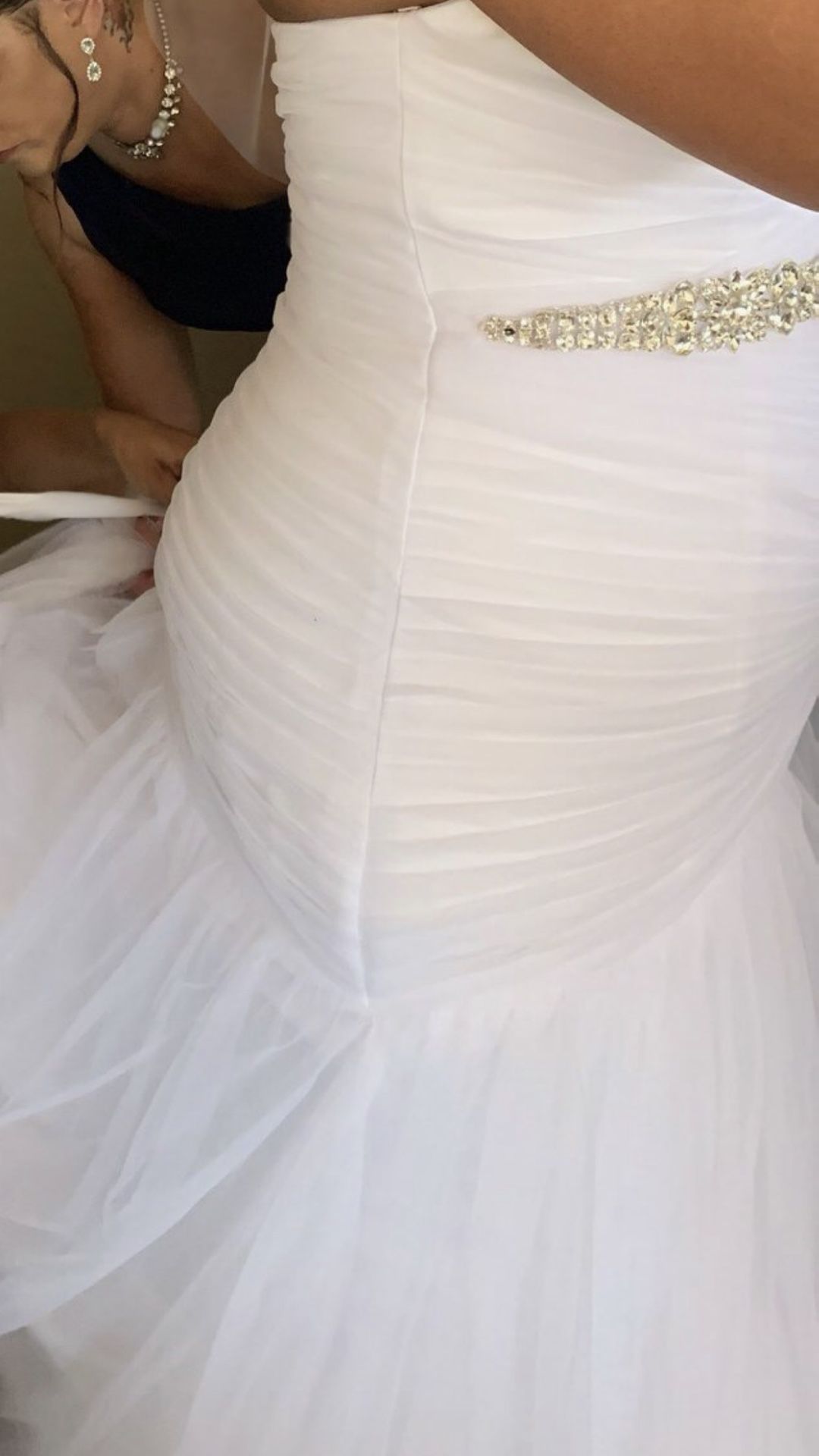 White Wedding Dress Sz. 14 Floor Length Crystal Sash Attached  