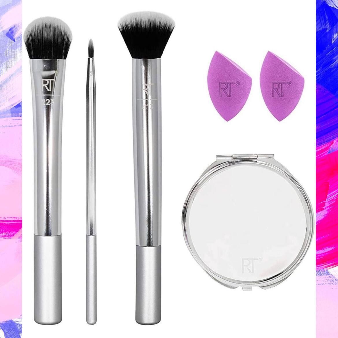 Real Techniques Poppin' Perfection Makeup Brush Set with Makeup Blender Beauty Sponges and Compact Makeup Mirror, Set of 6