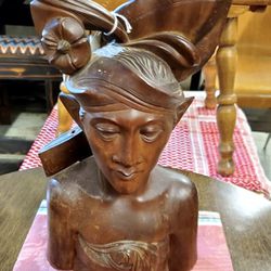 Beautiful Hand Carved Wood Bust, 14" Height, 7.5" Length. Thumbnail