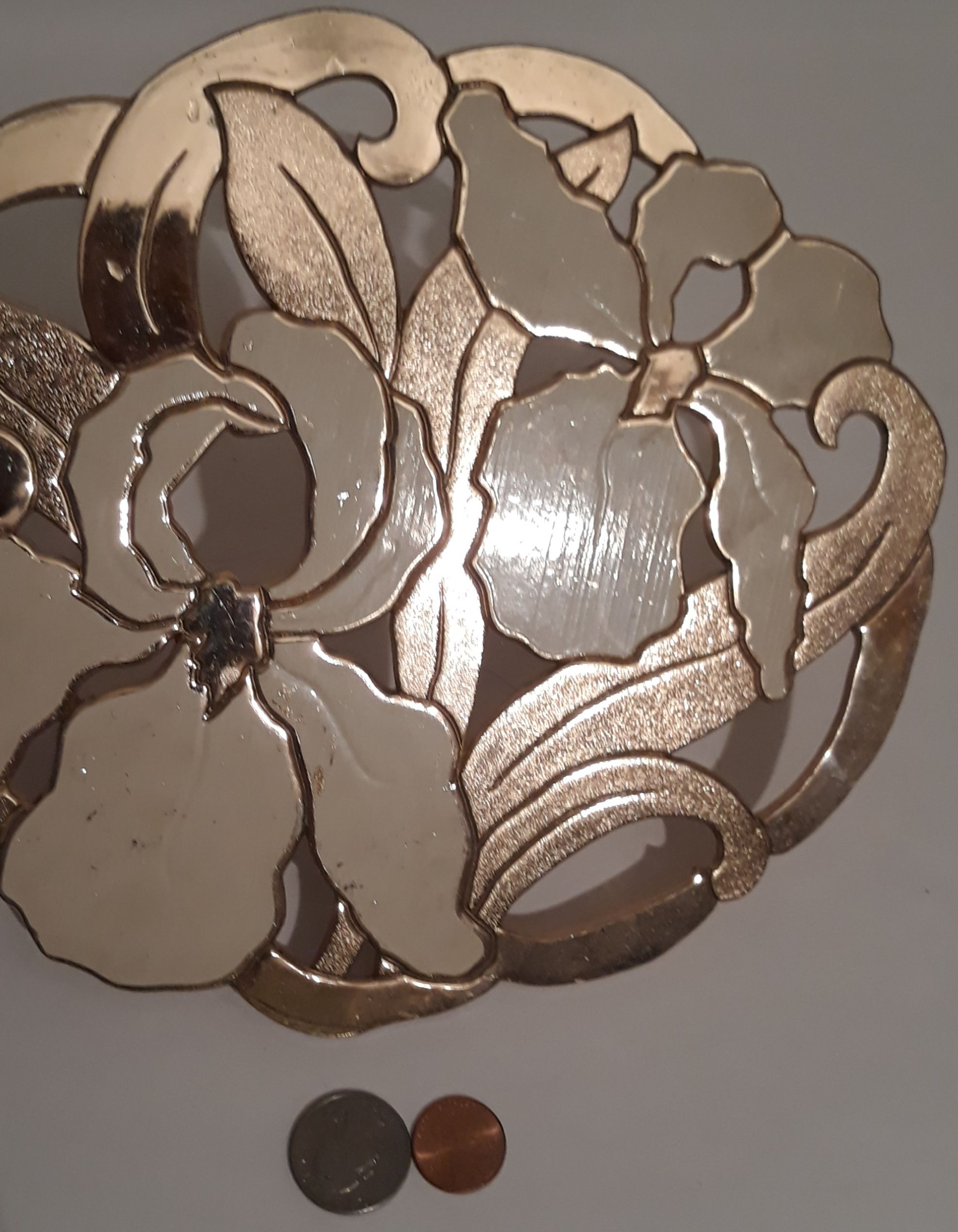 Vintage Metal Brass and White Enamel Flowers, Pot Holder, 9" x 8", W.M. Rogers, Made in Japan, Quality Brass, Kitchen Decor, Table Display