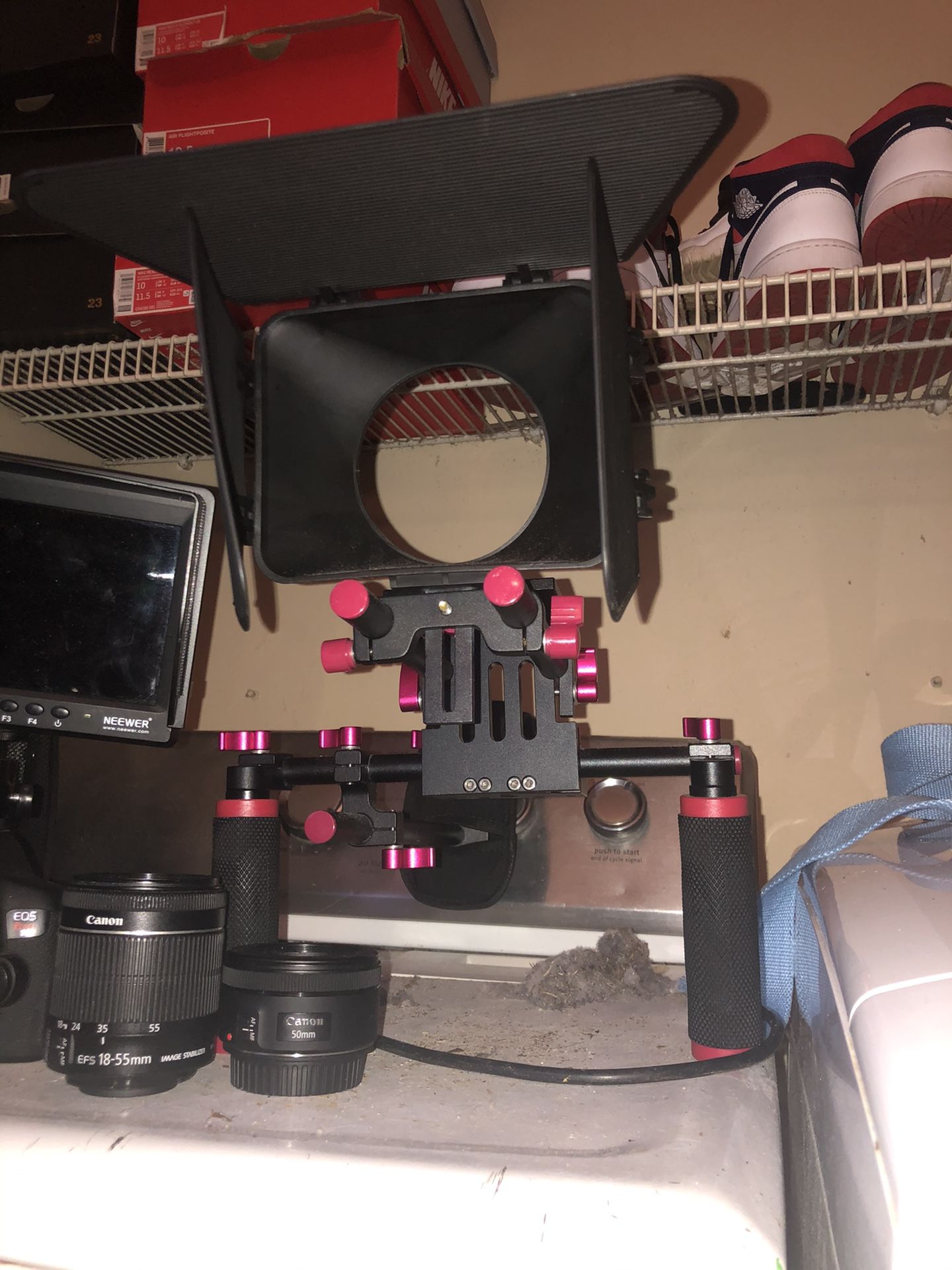 Canon Rebel T6i , canon lens 18-55mm & 50mm , Neewer Monitor, Neewer Stabilizer