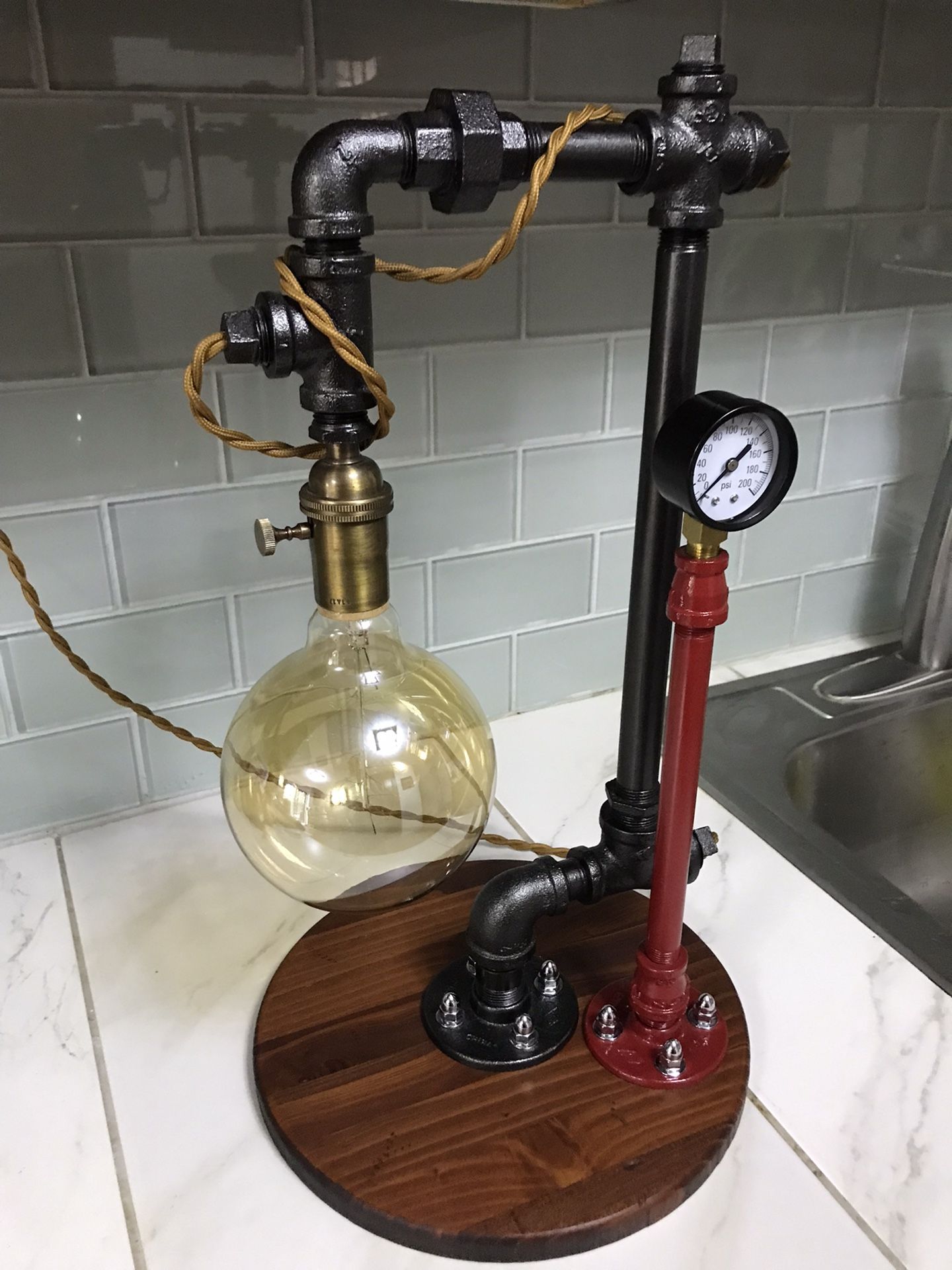 Industrial Steel Pipe&Edison Bulb Lamp, Red Cider Wood Base