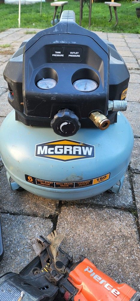 Air Compressor, Pierce Siding Gun, & Porter Cable Narrow Crown Stapler