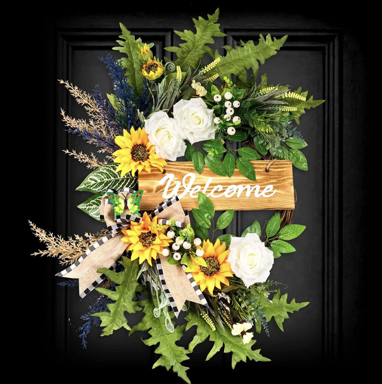 Soosubel Spring Wreaths for Front Door, 22 Inch Sunflower Wreath for Summer,Welcome Wreath for Farmhouse
