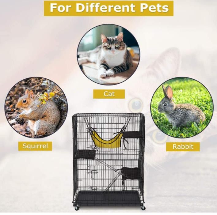 4-Tier 49 Inch Collapsible Metal Cat Kitten Ferret Cage 360° Rotating Casters Enclosure Pet Playpen with Ramp Ladders Hammock and Bed