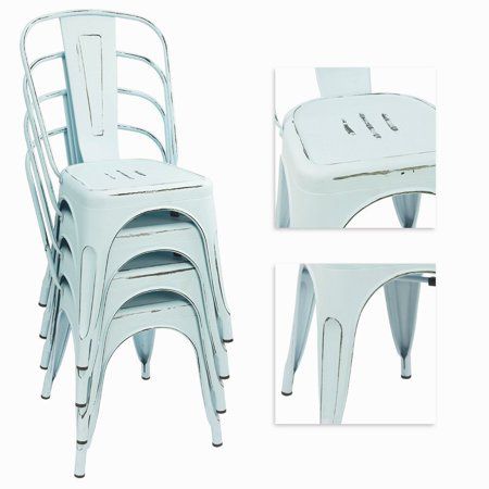 Walnew Set of 4 Distressed Style Stackable Kitchen Dining Bistro Cafe Metal Chairs,Dream Blue Dream