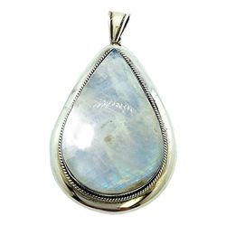 925 Solid Real Sterling Silver Large Natural Rainbow Moonstone Pendant 45mm Thumbnail