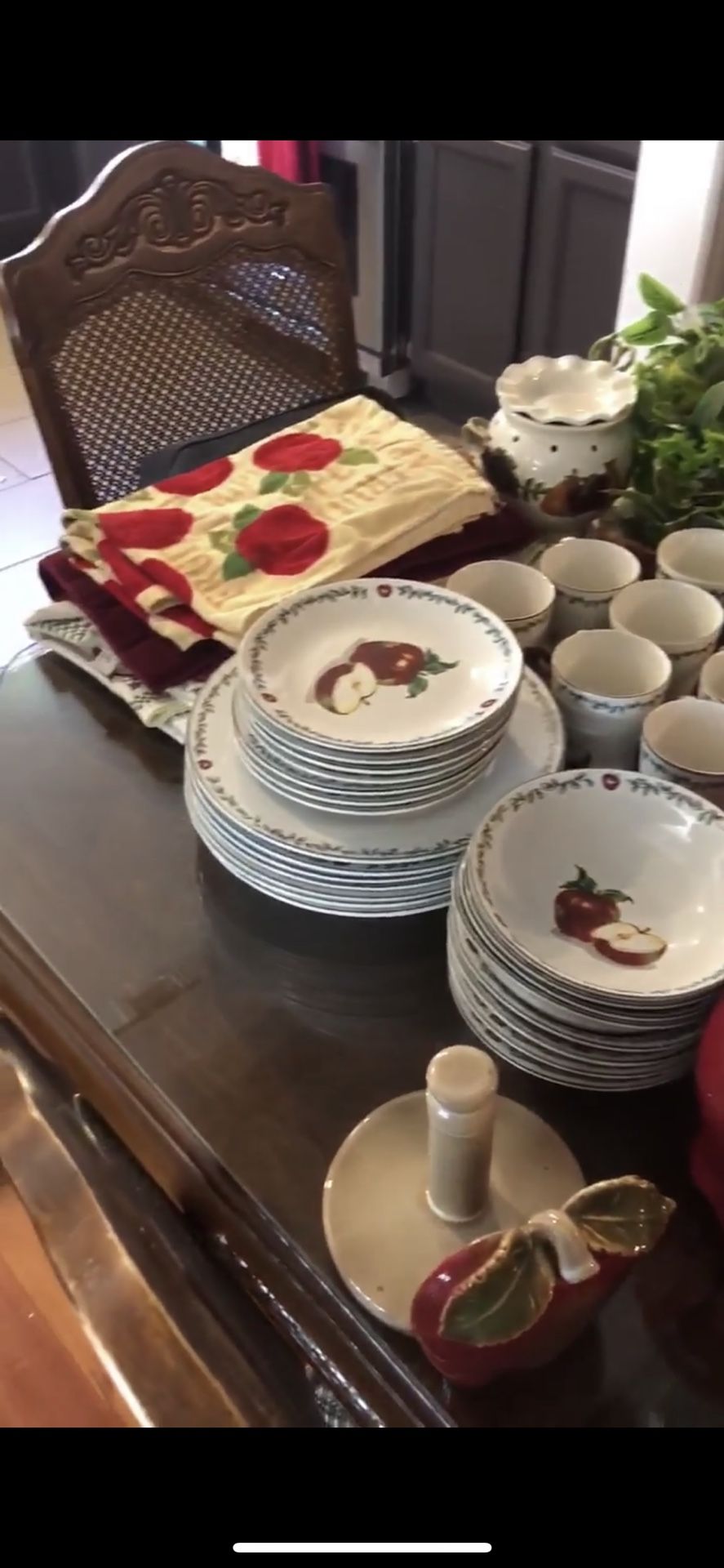 Set of 8 bowls dinner plates salad plates, cups . Table cloth kitchen drapes
