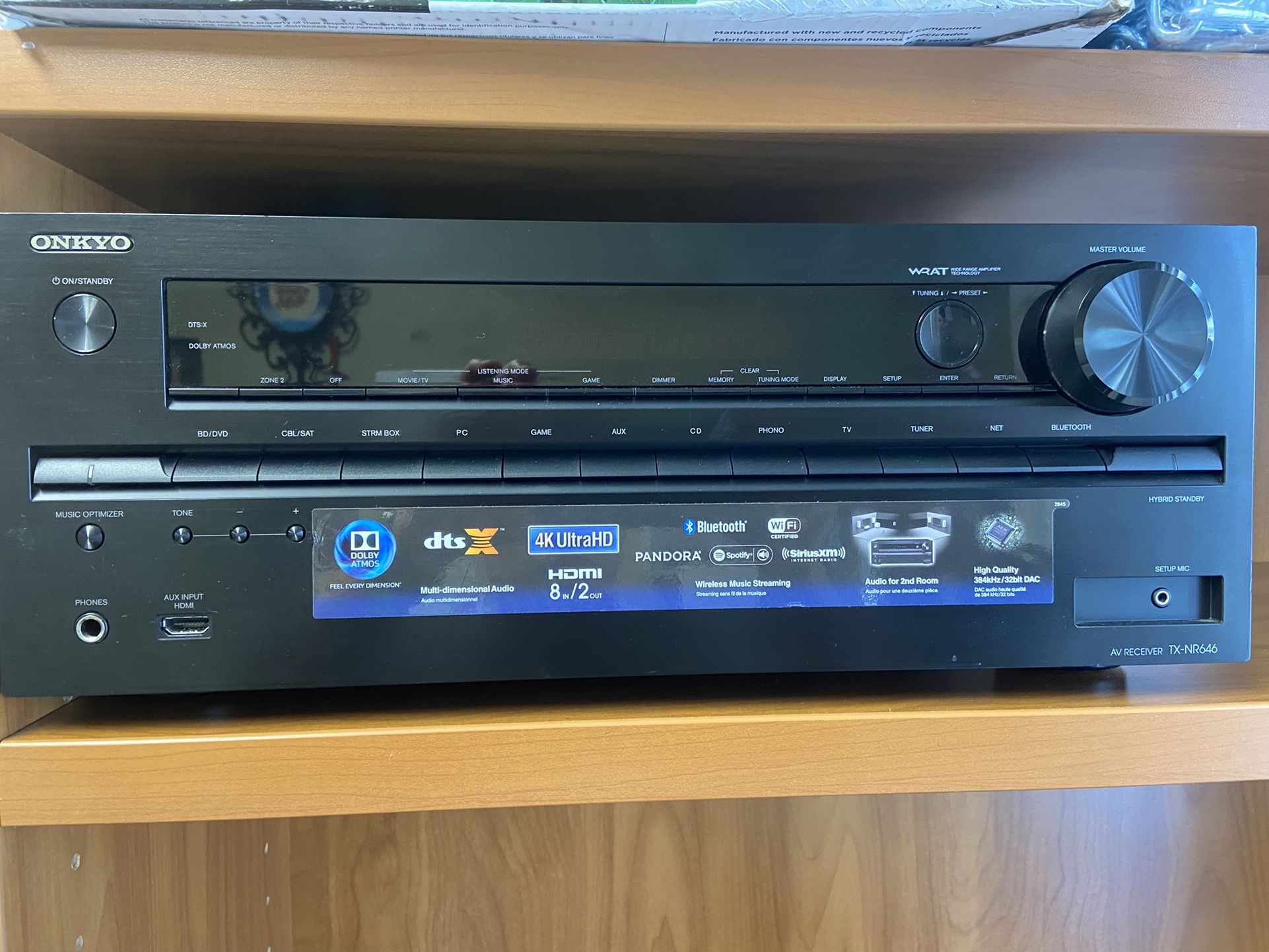 Onkyo Receiver TX-NR646 Home Theater With WIFI And Bluetooth. Apple Airplay And Dolby Atmos. 100 Watts Per Channel.
