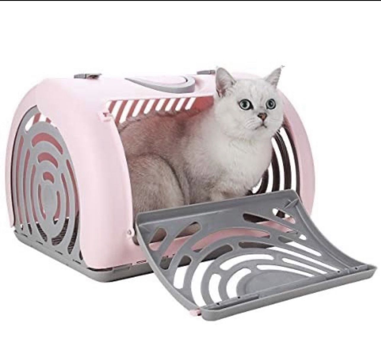 Butizone Foldable Travel Cat Carrier, Extra Large Side Opening Door Plastic Collapsible Pet Carrier, Safe and Comfortable for Cats and Dogs, Pink and