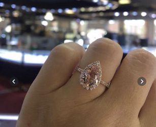 14k Rose Gold With 925 Starling Silver Natural Morganite And Diamond Halo Ring Pear Shape Ring Size 8 Thumbnail