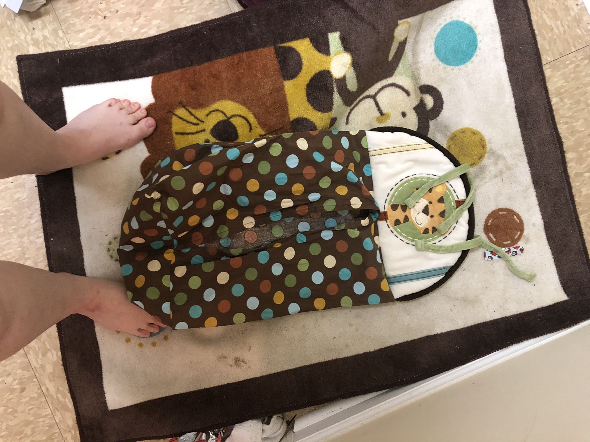 Baby bed, mattress, bouncer, activity seat , 3 bags of baby cloths car seat and excersor