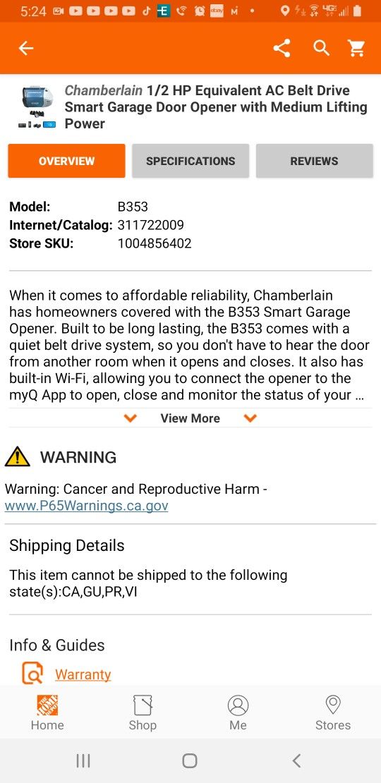 Chamberlain 1/2 HP Equivalent AC Belt Drive Smart Garage Door Opener with Medium Lifting Power With WiFi Options To Control From Phone