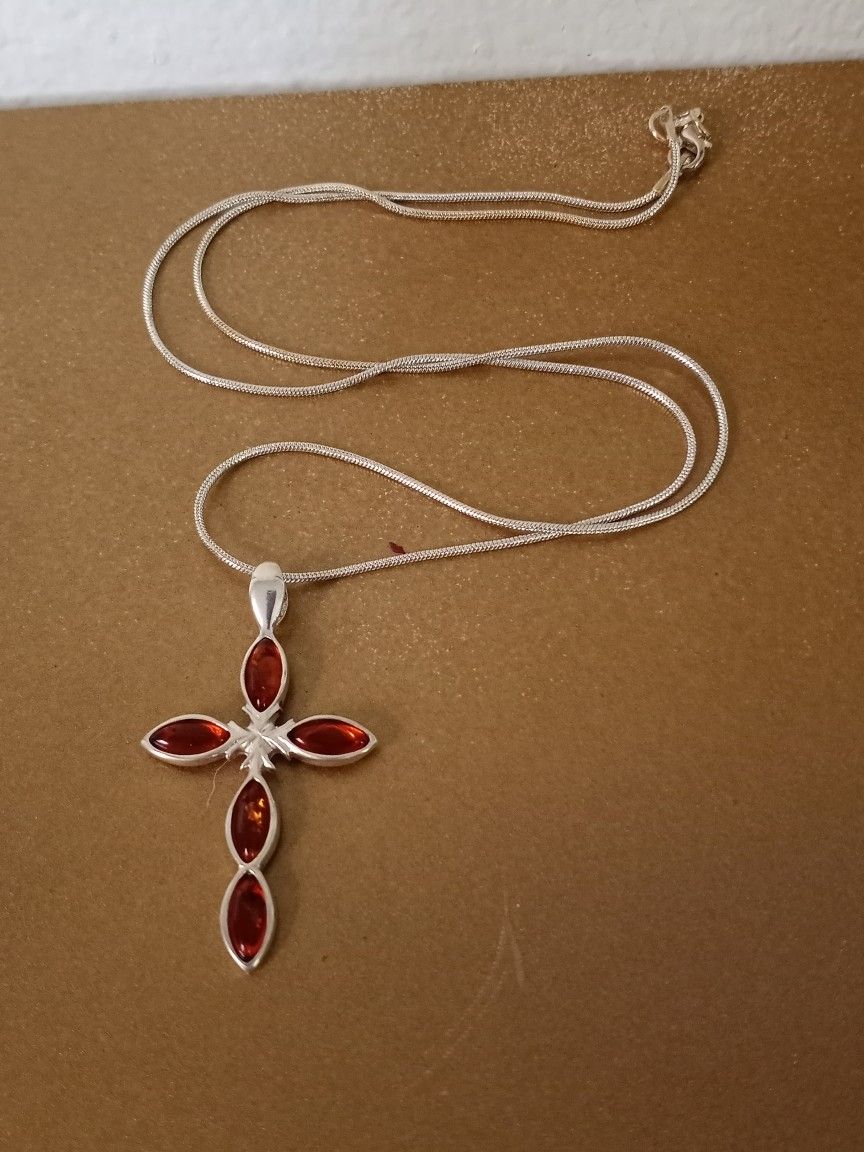 Sterling Silver Baltic Amber Cross Pendant Necklace