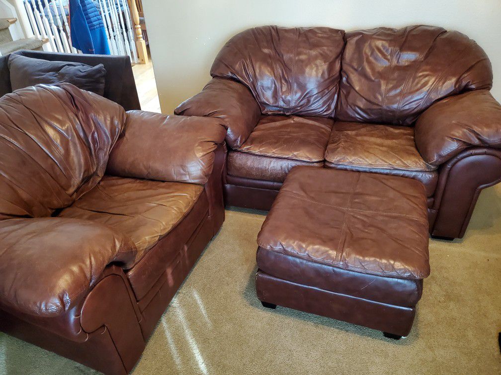 Leather Love Seat And Chair With Ottoman For Sale