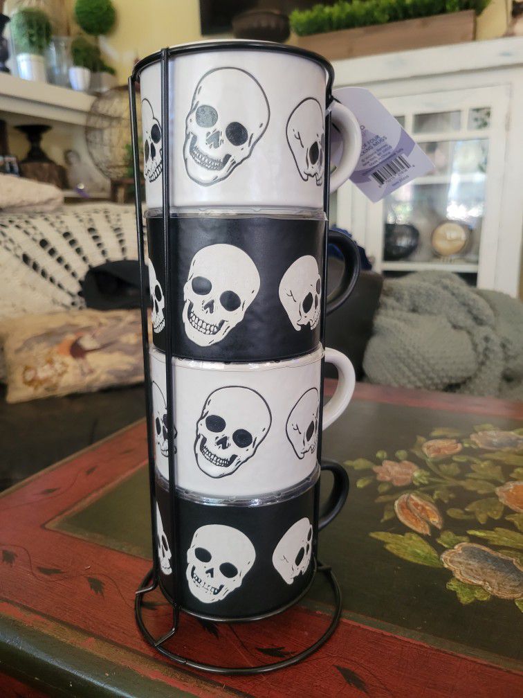  New Skull Stackable Coffee Mugs Cups Gothic Halloween 