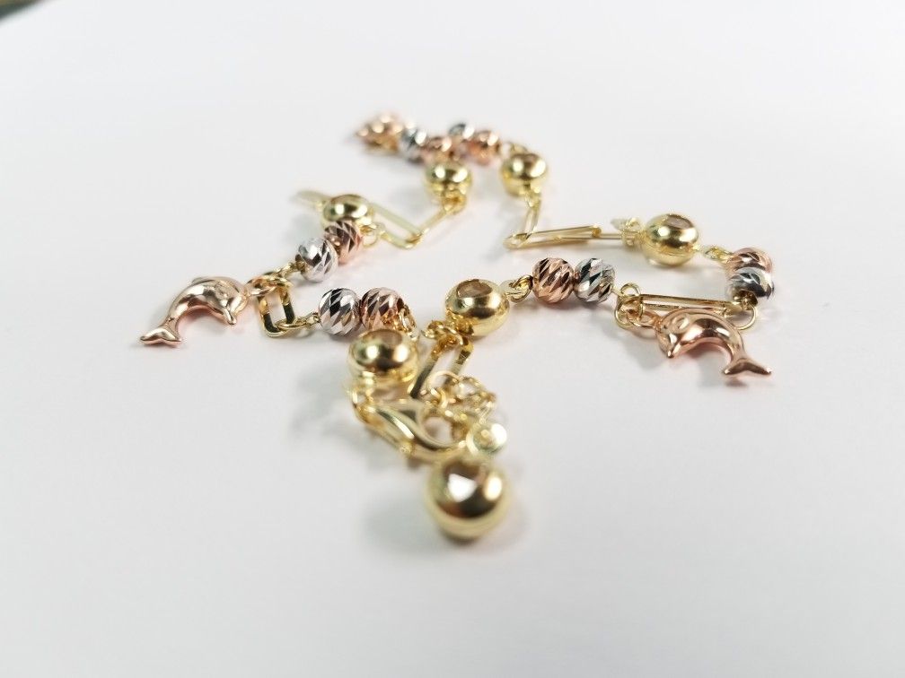 10k Yellow White Rose Ball Diamond Cut Gold Dolpine Anklet Paper Clip Oro Rose Blanco Amarillo Tobillera 10 Inches Pulgadas