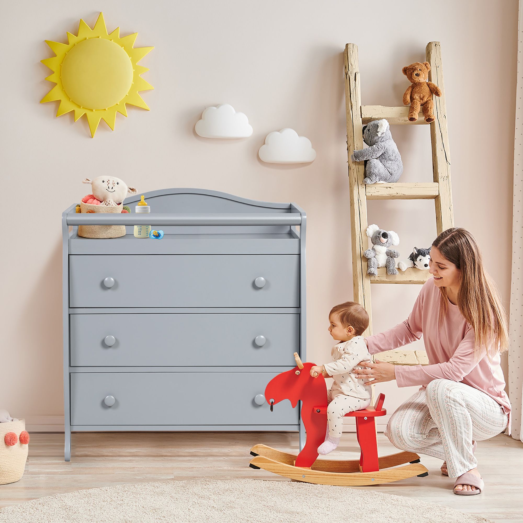 Costway 3-Drawer Dresser Changing Table w/Safety Belt Guardrails for Kids' Room