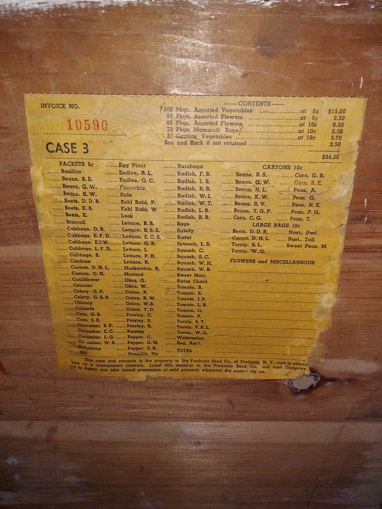 Vintage antique black packet seeds predona seed company display case