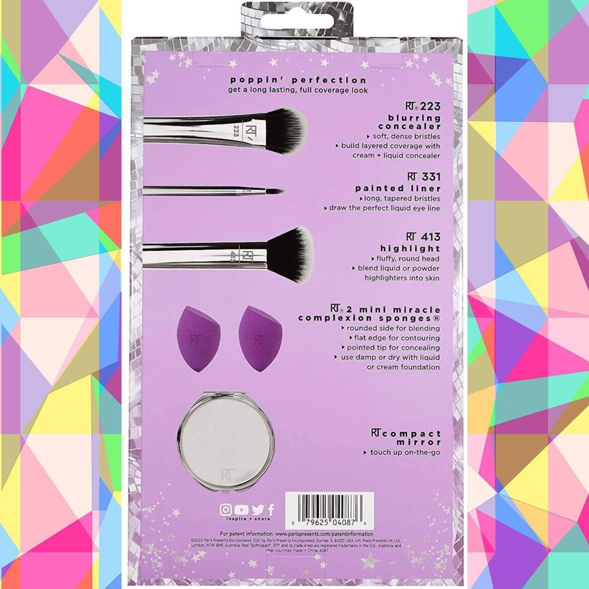 Real Techniques Poppin' Perfection Makeup Brush Set with Makeup Blender Beauty Sponges and Compact Makeup Mirror, Set of 6