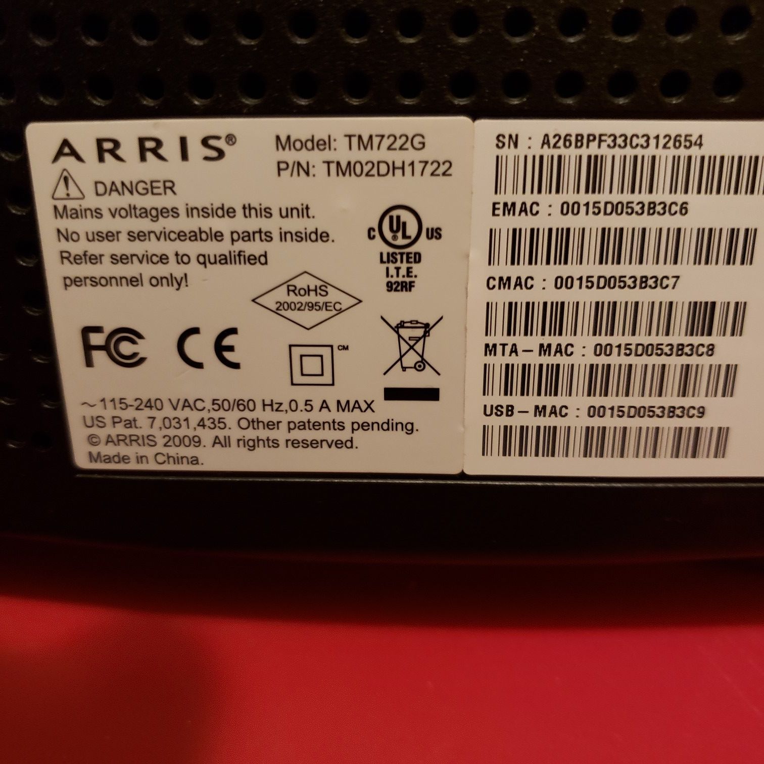 Comcast cable Arris modem w/back up battery