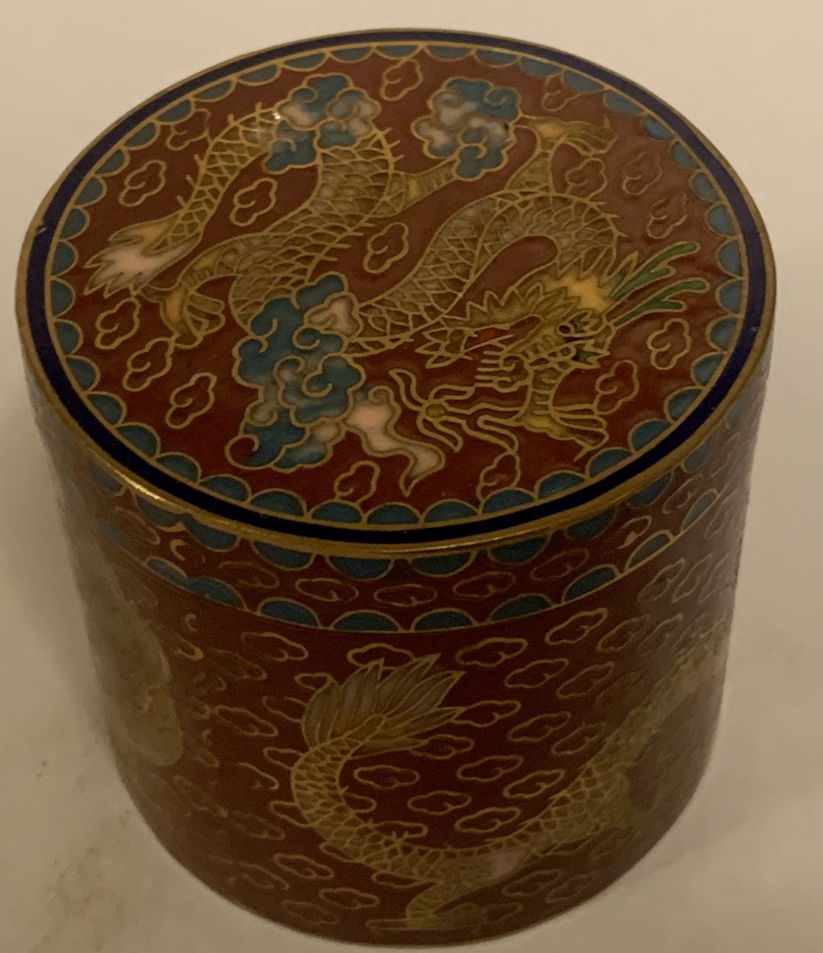 Vintage Set Of Chinese Cloisonné Container, Chinoiserie, Trinket with the 2 Dragons Motif, and 6 Cloisonné Beads With The Flowers Around