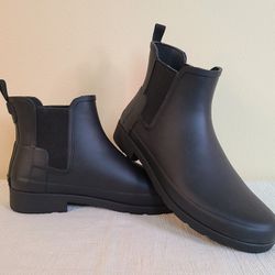 HUNTER REFINED CHELSEA Rain Short Boots + Fur Insole Sz 10 Women’s Black Worn Once Thumbnail