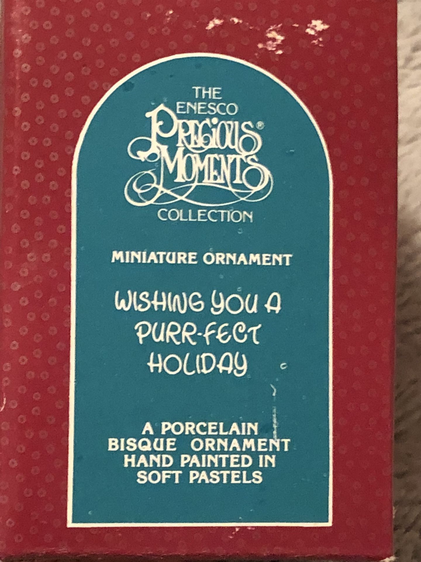 1990 Precious Moments Collection Miniature Ornament “ Wishing You A Purr-Fect Holiday”