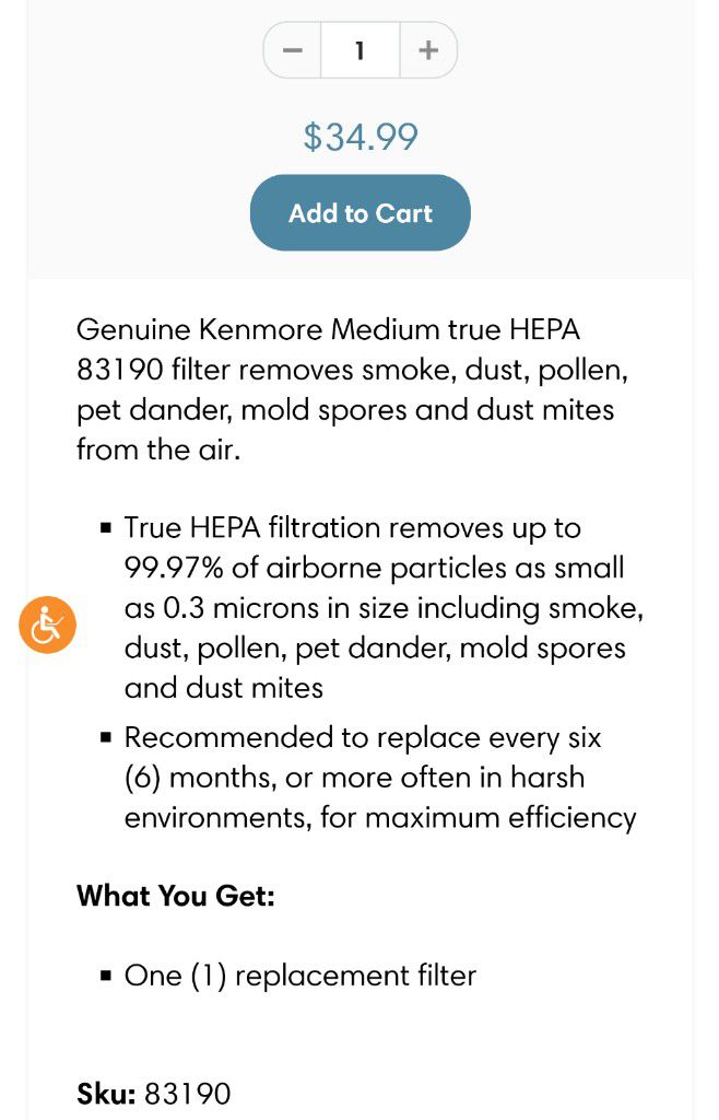 NIB Kenmore HEPA Air Filter Replacement Filter RFK83190 /  83190 (filter only)