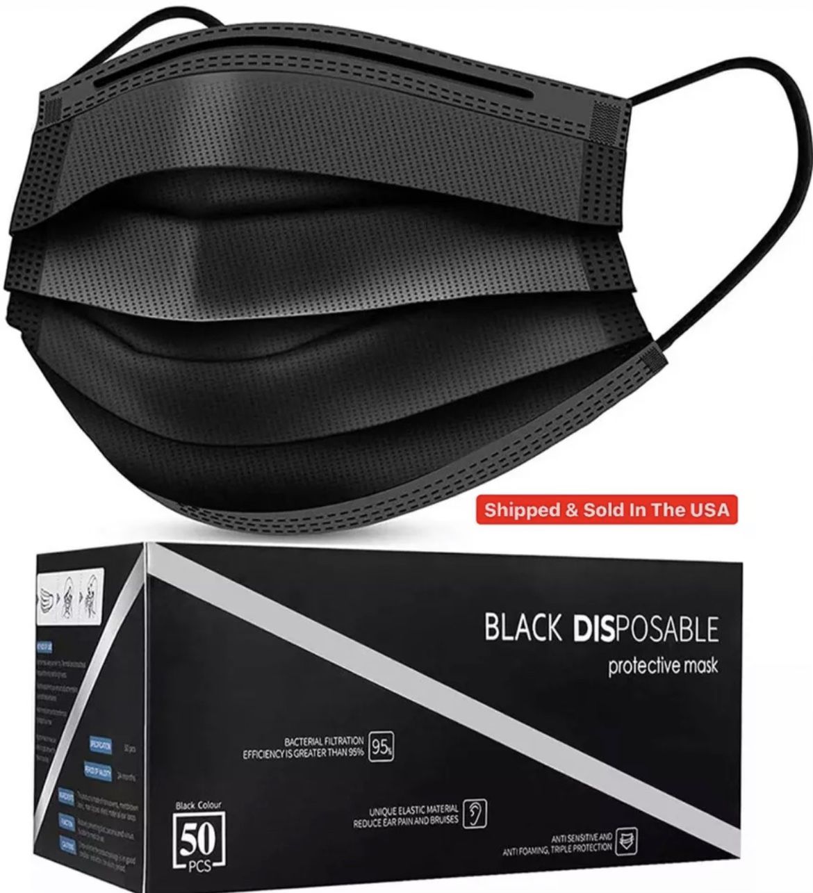 NEW Black Disposable Protective Face Mask 4PLY/3 Layer/50 Count