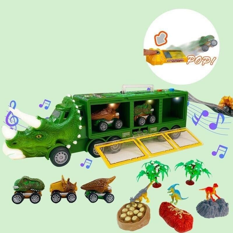 Car Toys Dinosaur Truck Transport Carrier Pull Back Vehicle Dino Model Music Lighting Kids Boys Game