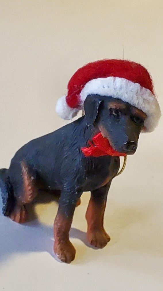So Cute!! Tiny Guard Dog Wearing Santa Hat Figurine!!