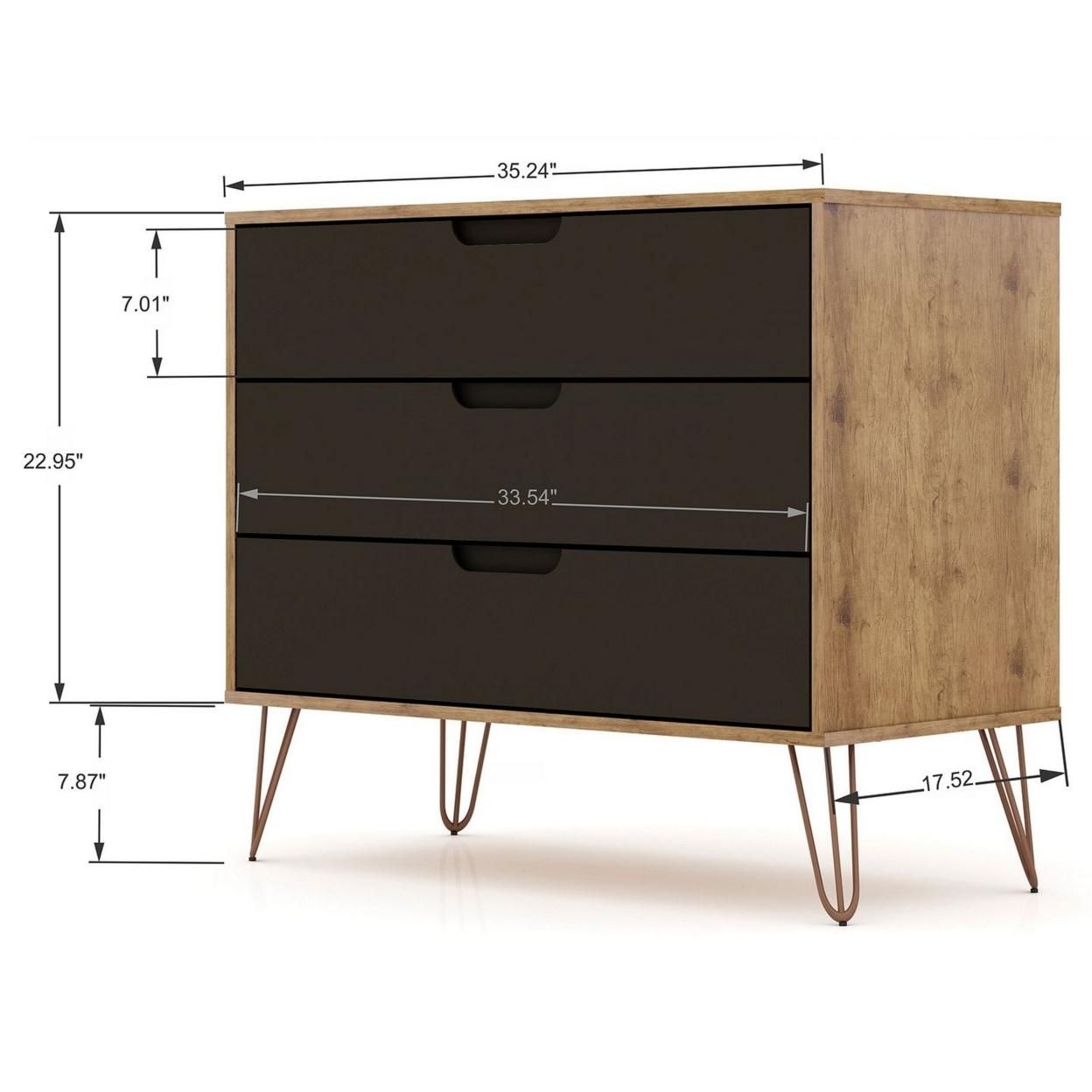 Rockefeller Mid-Century- Modern Dresser with 3- Drawers in Nature and Textured Grey