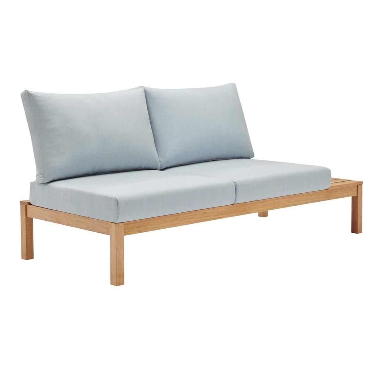 Freeport Karri Wood Outdoor Patio Loveseat with Right-Facing Side End Table, Natural Light Blue