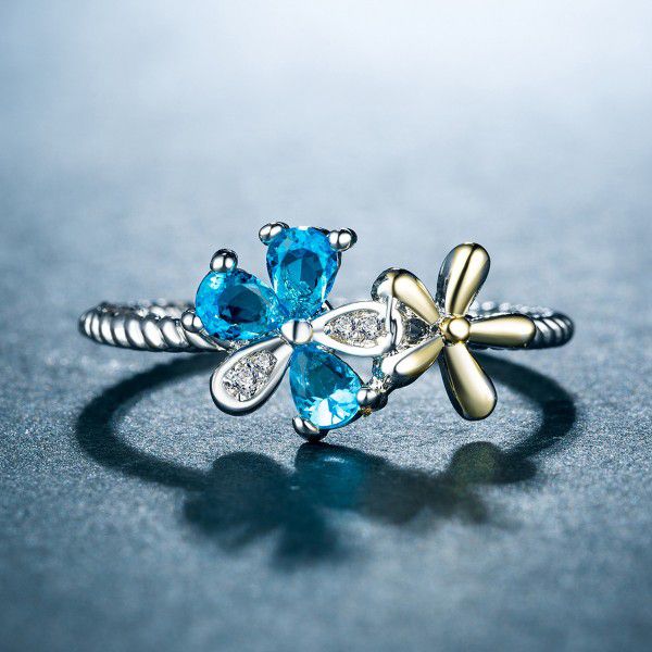 "Sweet Double Flower Sea Blue CZ Weave Thin Rings for Women, VP1672