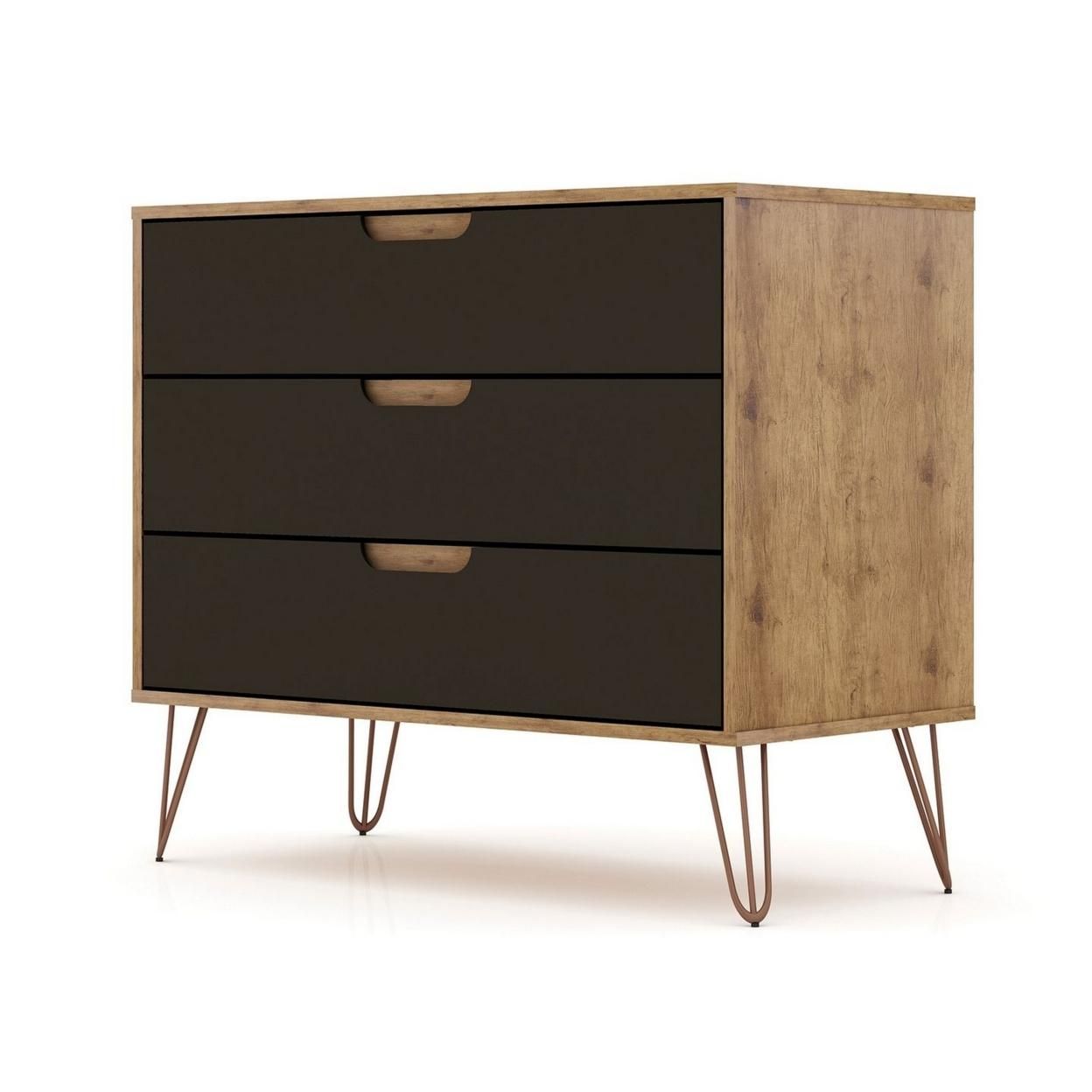 Rockefeller Mid-Century- Modern Dresser with 3- Drawers in Nature and Textured Grey