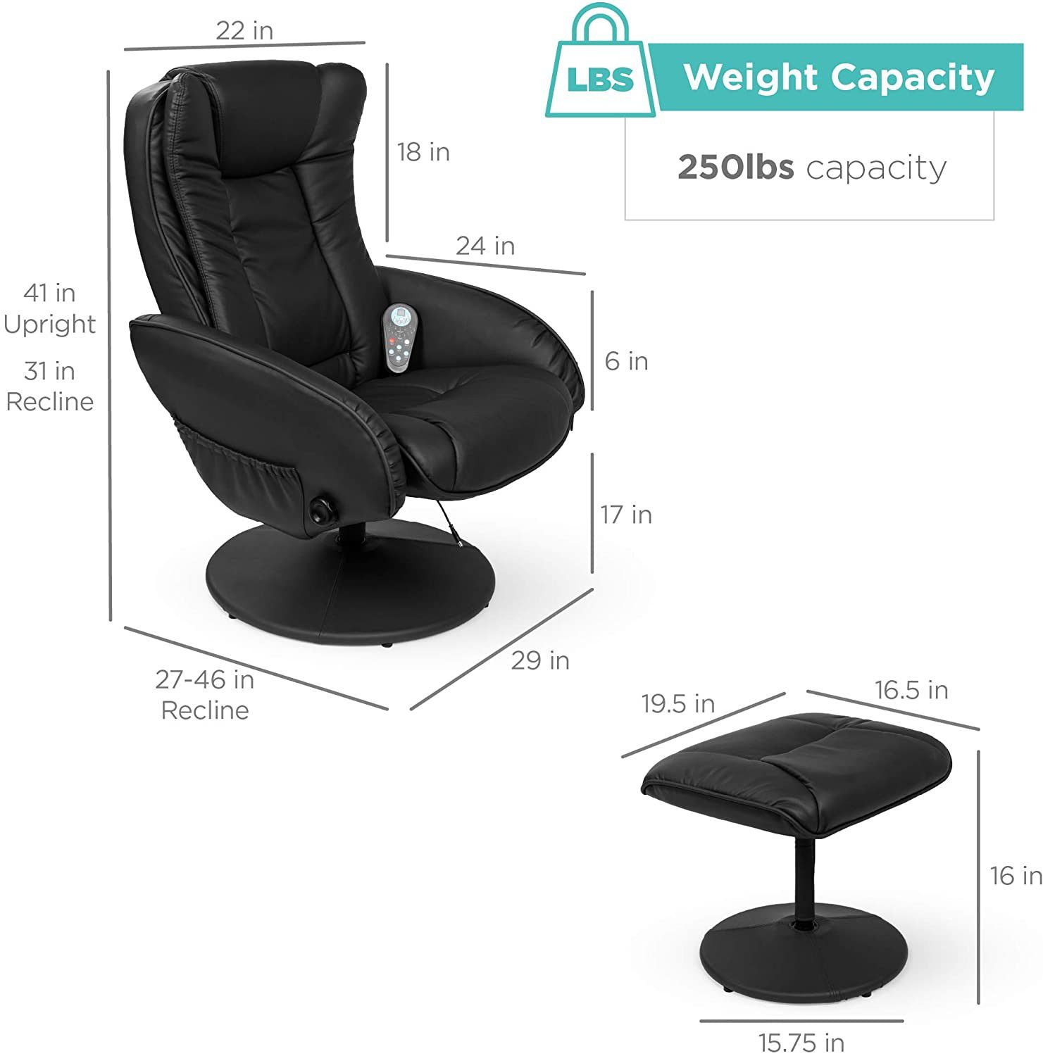 Electric Massage Recliner Chair with Stool Ottoman, Leather, Black