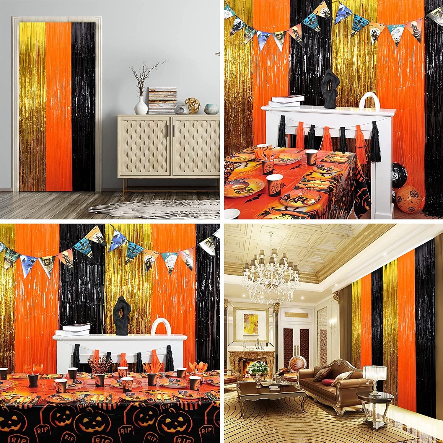 3 Packs Halloween Tinsel Foil Fringe Curtains Black Orange Gold with 8 Pcs Pull Flag Halloween Theme Party Supplies for Halloween Party Photo Backdrop