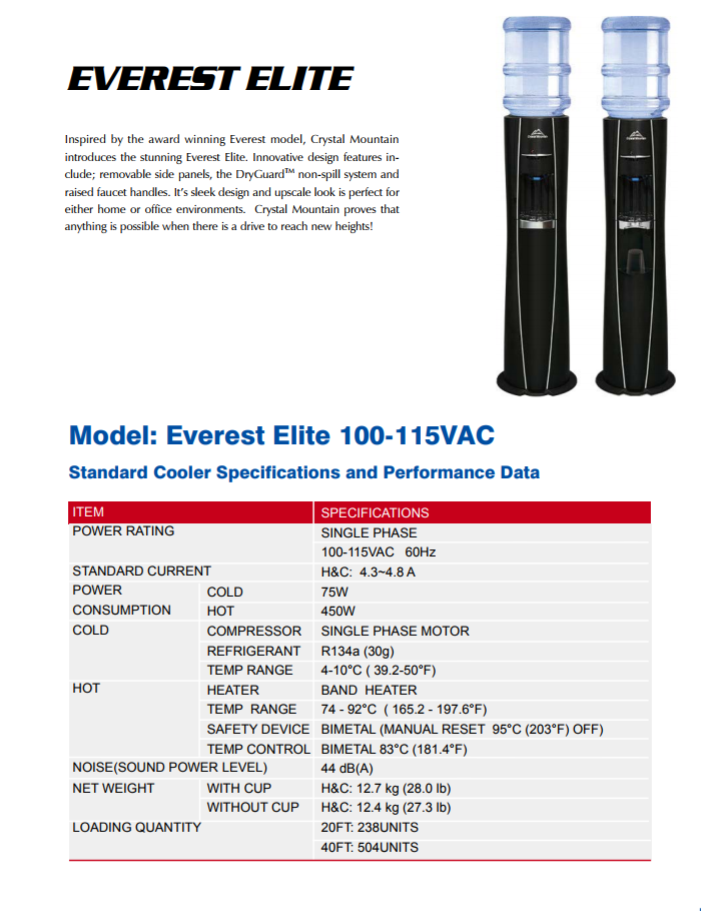 Crystal Mountain (Sparkletts) K2 Hot & Cold Water Dispenser Model