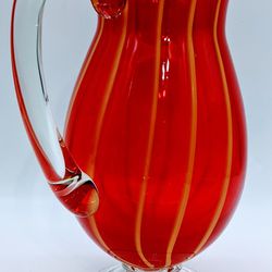 Hand Blown Ruby Red Glass Carafe Pitcher Large Heavy  Thumbnail