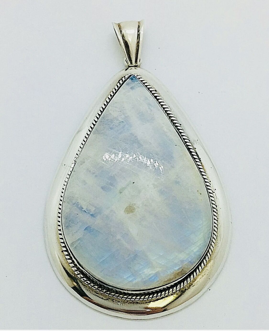 925 Solid Real Sterling Silver Large Natural Rainbow Moonstone Pendant 45mm