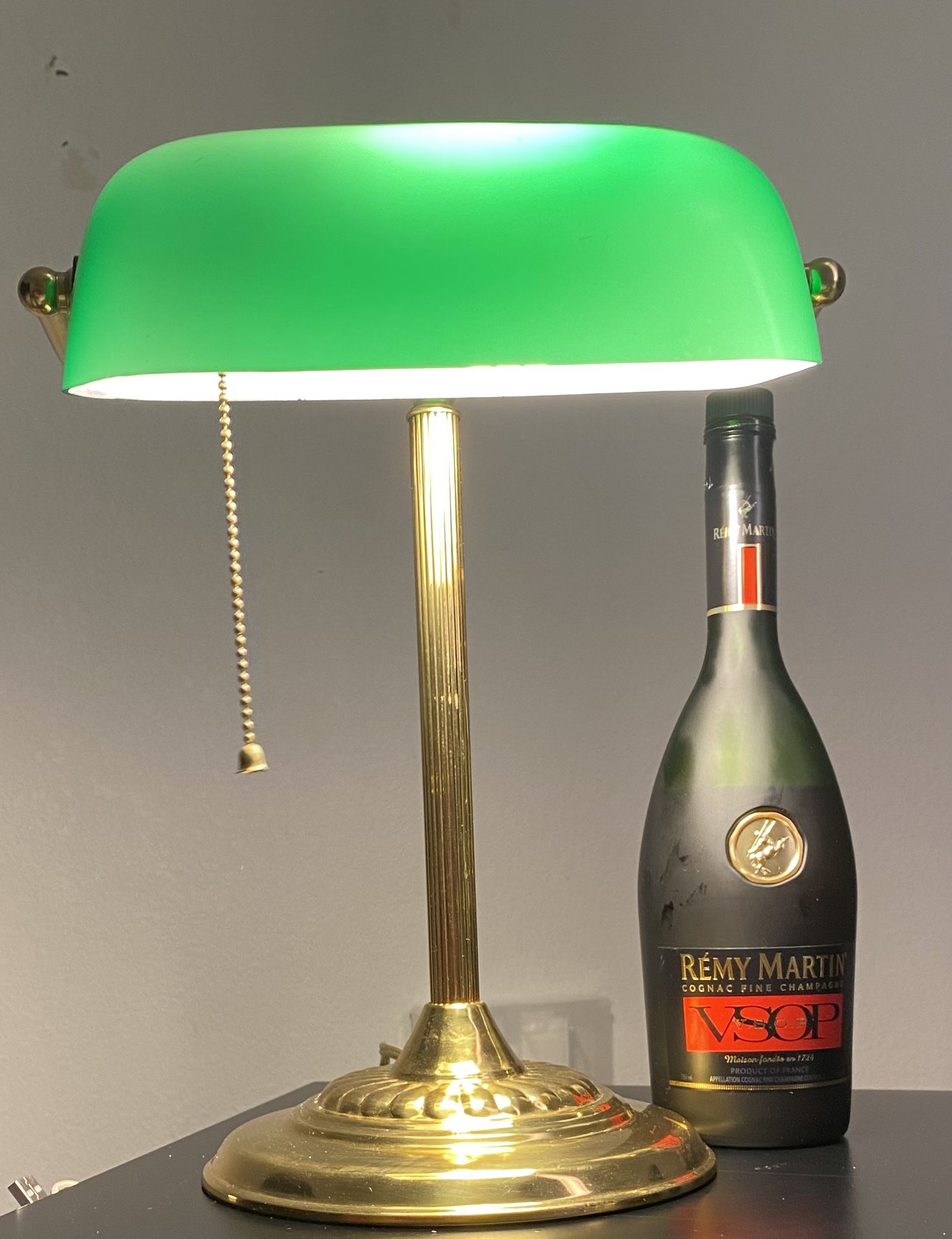 1960s Vintage Emeraldite Shade Brass Banker Lamp