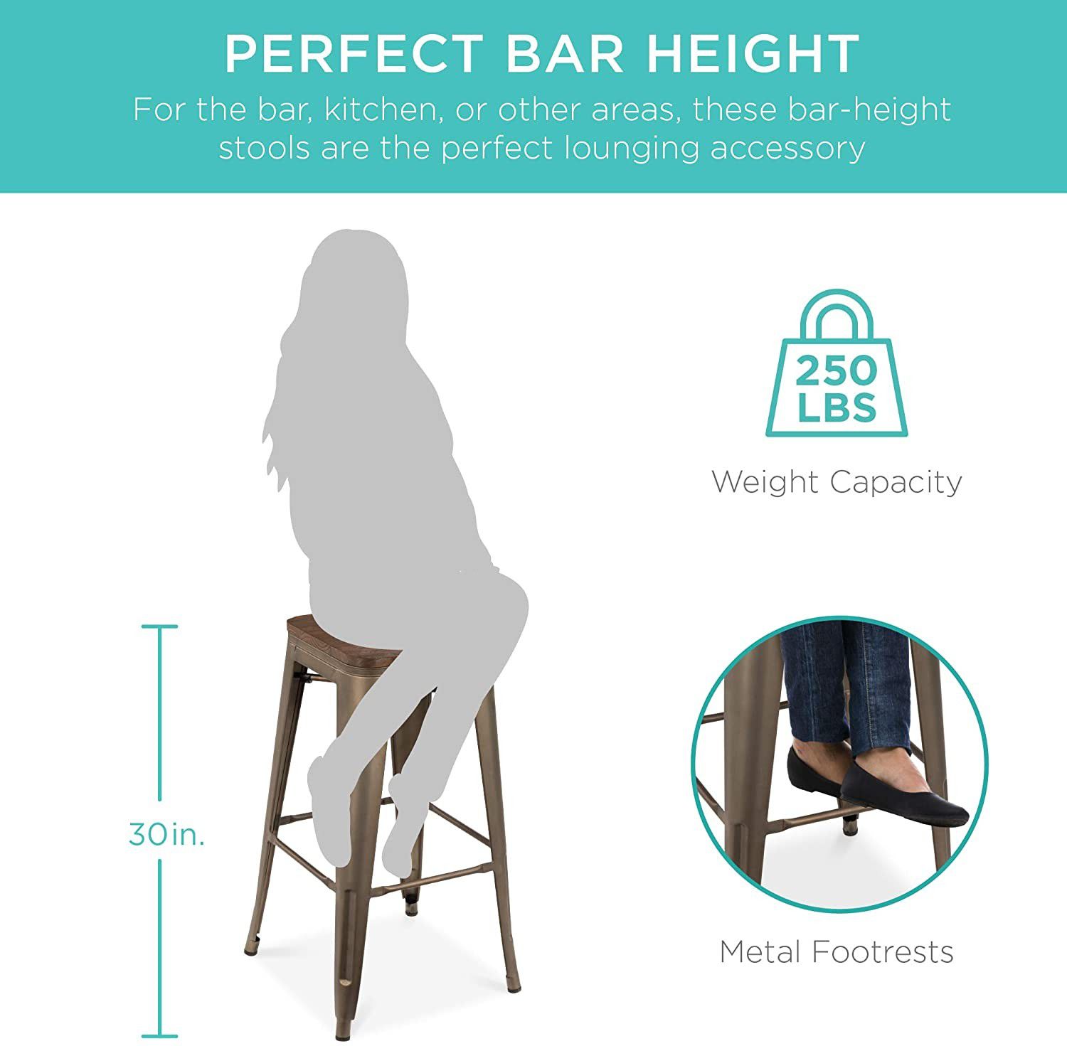 4pc 30" Stackable Backless Steel Bar Stool with Wooden Seats, Bronze