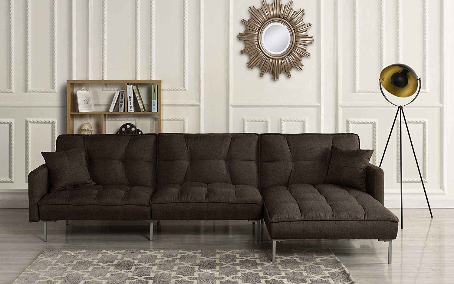 Mid-Century Style Sectional Sofa, Full Reclining, Brown