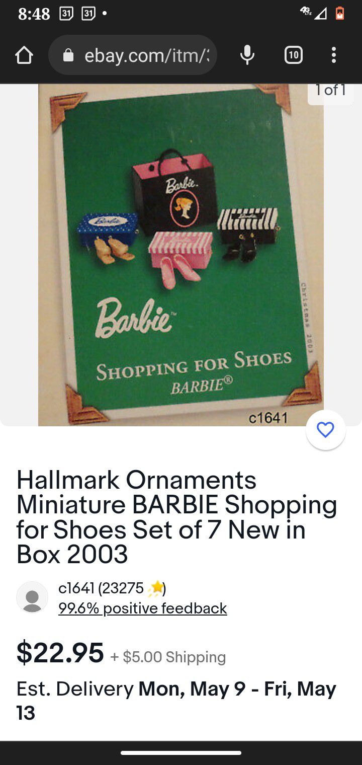 Brand New Collectible Hallmark Keepsake Ornaments (Barbie-Shopping For Shoes)