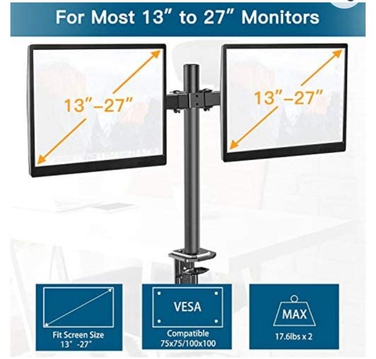 Double Monitor Stand - Dual Monitor Mount Desk Arm with C Clamp, Grommet Mounting Base for Two 13-27 Inch LCD Computer Screens - Each Holds up to 17.6