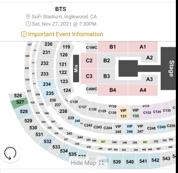 BTS on Saturday 11/27, Aisle Seats