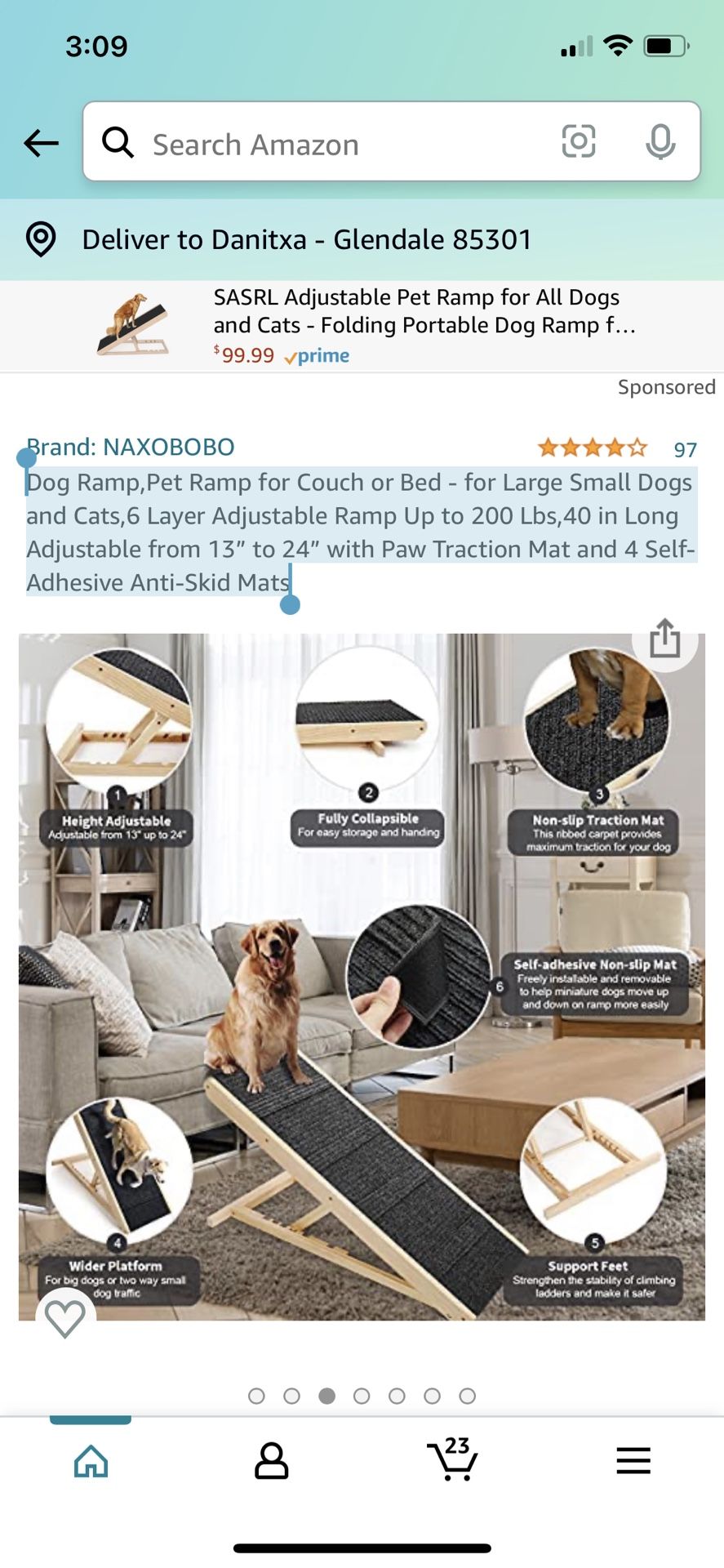 Dog Ramp,Pet Ramp for Couch or Bed - for Large Small Dogs and Cats,6 Layer Adjustable Ramp Up to 200 Lbs,40 in Long Adjustable from 13” to 24” with Pa