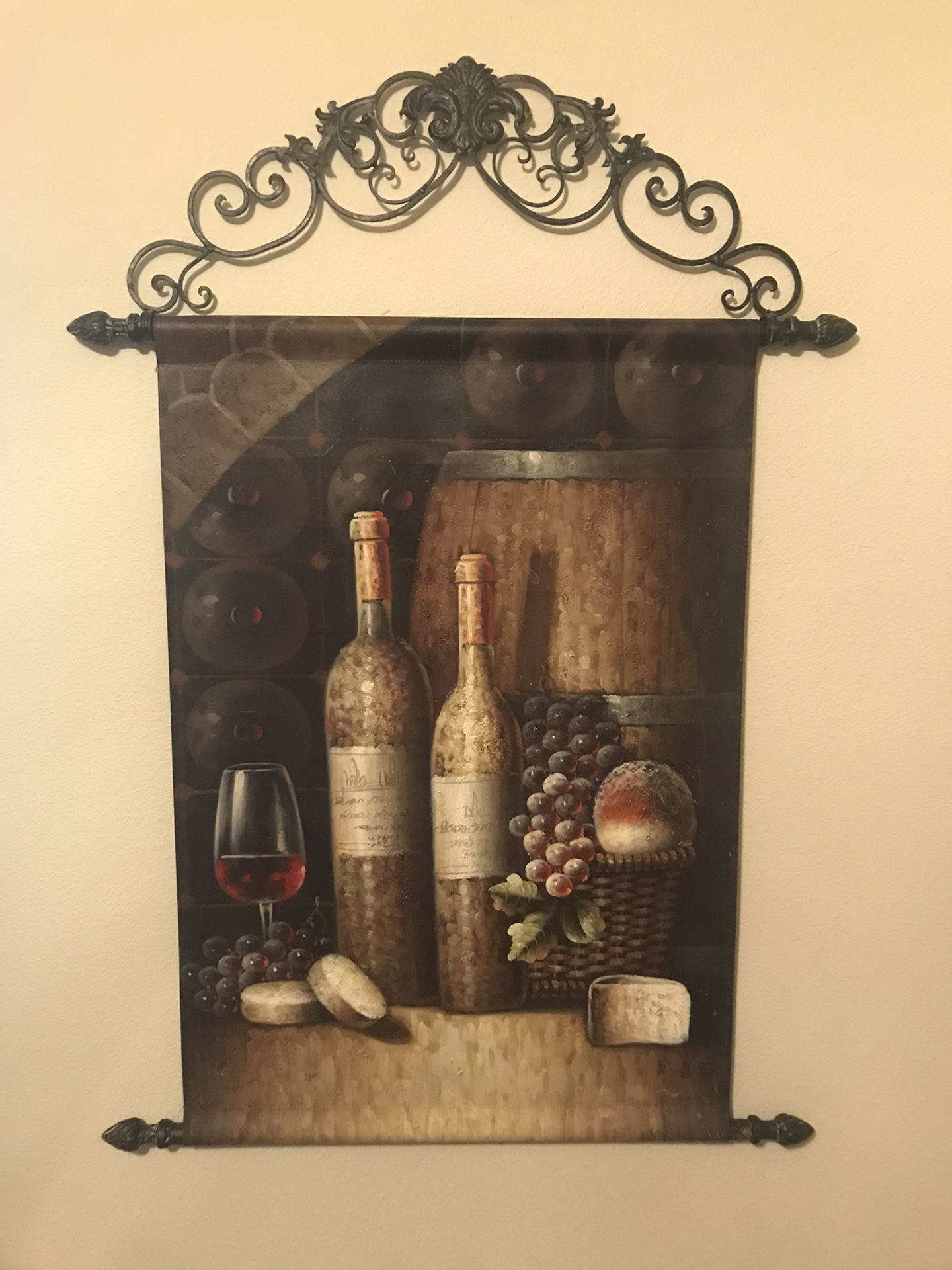 Original Painting On Canvas With Heavy Metal  Frame.  Wine,  Grapes,  Bread. What More Could You Want.  Perfect For Bar , Dining Room.