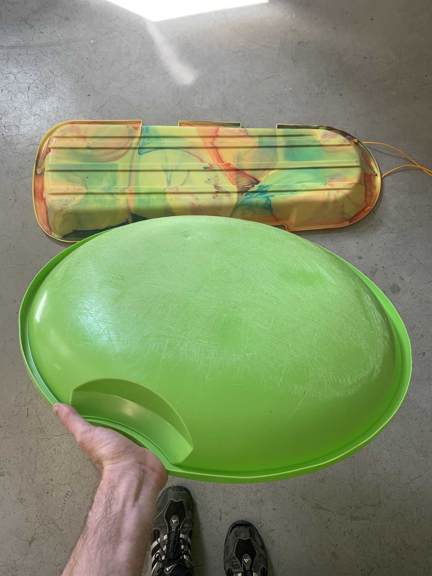 Two Plastic Snow Sleds - One Saucer style and One 2-Person Toboggan style Be ready for the snow and sledding! ❄️ ⛄️ Great pre-owned condition. Pr